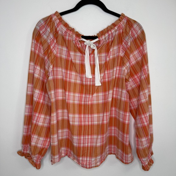 J.Crew Plaid Peasant Top 100% Cotton Ruffle Orange Pink Med Cottagecore Prairie - Picture 3 of 14